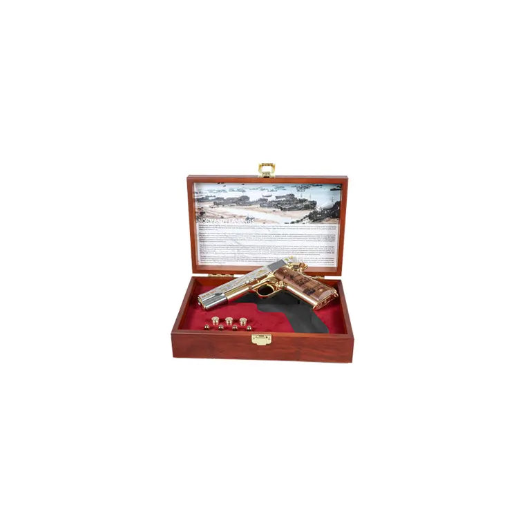 "Réplique limitée 1911 D-Day GAZ, full métal, finition noir/gris mat, effet de recul réaliste, système de compression gaz innovant, édition limitée 200 exemplaires."