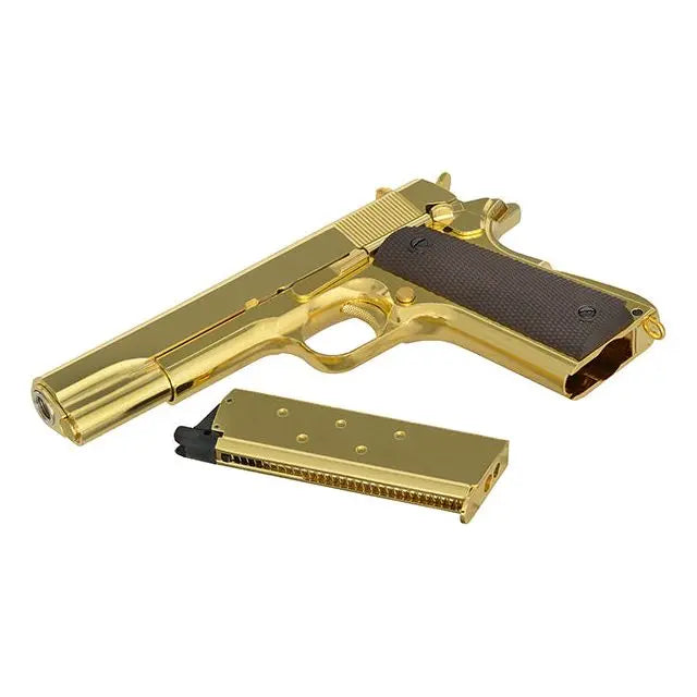 Alt: Pistolet airsoft 1911 GBB Golden Eagle Gold Edition gaz 1 joule, hop-up ajustable, poids 850 g, chargeur gaz vert en métal, blowback, polymère doré, tir unique,
