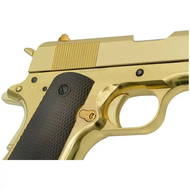 Alt : Pistolet airsoft 1911 GBB Golden Eagle Gold Edition, gaz 1 joule, hop-up ajustable, 850 g, chargeur métal pour gaz vert, blowback, polymère doré, tir simple,