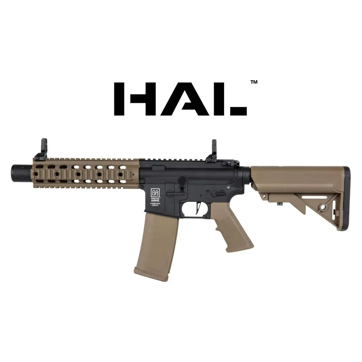 "Pack complet AEG SA-C05 CORE HAL noir et tan avec lipo, longueur réglable, gearbox V2, hop-up ajustable, système HAL avancé, chargeur 300 billes, puissance 310 fps."