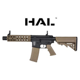 "Pack complet AEG SA-C05 CORE HAL noir et tan avec lipo, longueur réglable, gearbox V2, hop-up ajustable, système HAL avancé, chargeur 300 billes, puissance 310 fps."