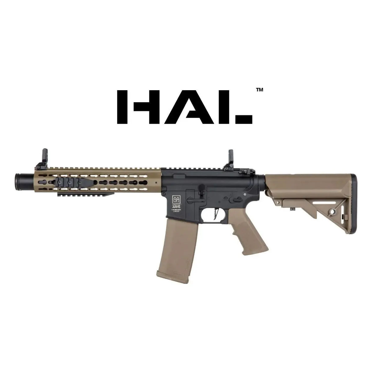 "Fusil airsoft AEG SSA-C07 CORE HAL ETU noir et tan, pack complet avec lipo, longueur réglable, gearbox V2, système HAL programmable, chargeur 300 billes."