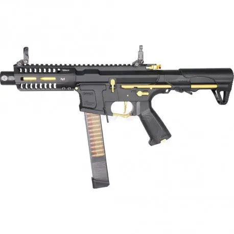 `alt="ARP9 Stealth Gold réplique airsoft M4 avec puit de chargement 9MM, design unique, poignée ergonomique, silencieux intégré, crosse PDW, garde-main M-LOK, chargeur fa