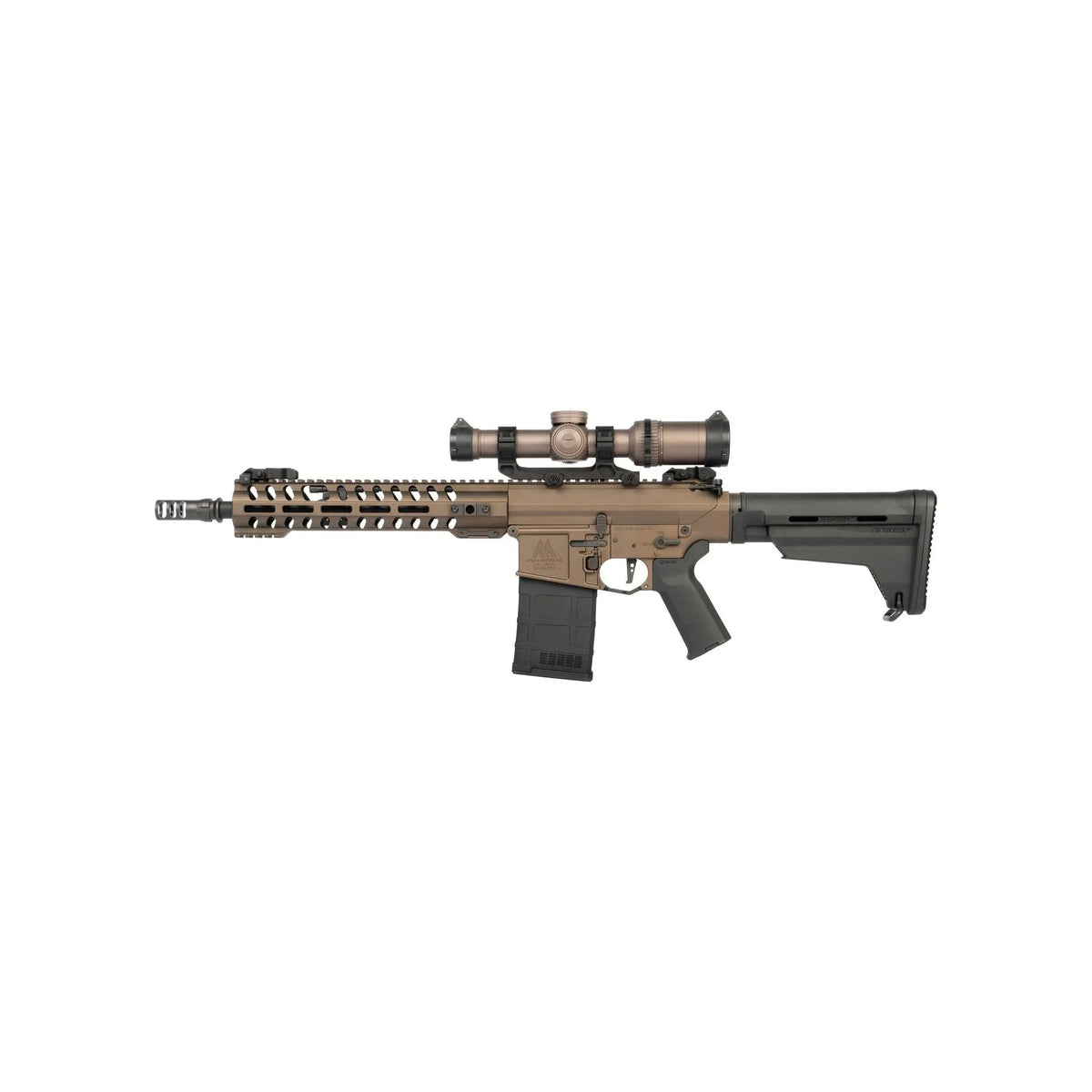 "Réplique Ares AR308M DELUXE VERSION AEG 1,3j en aluminium anodisé bronze, avec accessoires inclus : mallette rigide, silencieux, lunette rétro-éclairée, deuxième chargeur, idéale pour