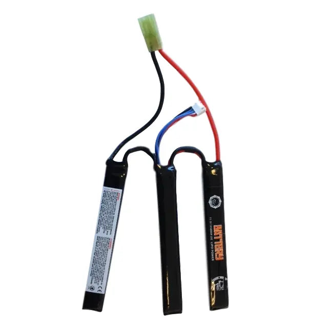 Alt: Batterie LiPo 11.1V 1450 mAh 25C Duel Code avec connecteur mini Tamiya, connecteur de charge, repartiteur, dimensions 7.5*17*116mm x
