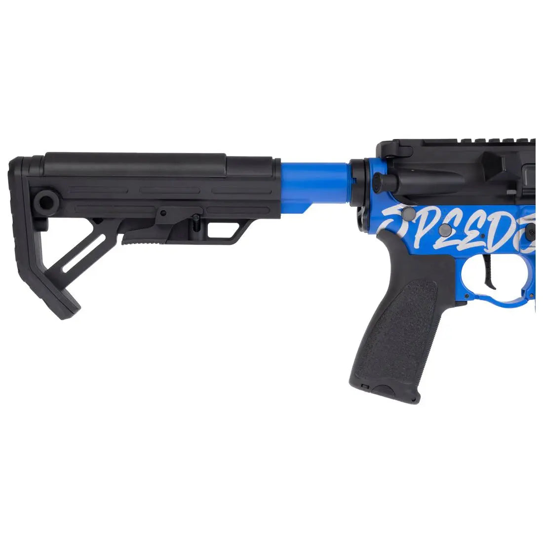 Pack complet de répliques airsoft BUSHIDO CHUGI Speedsoft Saigo Defense en métal, noir et bleu, avec détente électronique et pièces internes renforcées pour la pratique du Speedsoft.