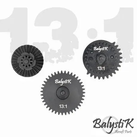 Balystik Set d'engrenages CNC high speed 13:1 pour hautes cadences avec traitement de surface en acier, usinage sur tour numérique CNC, 6 crans anti retour, et compatibilité