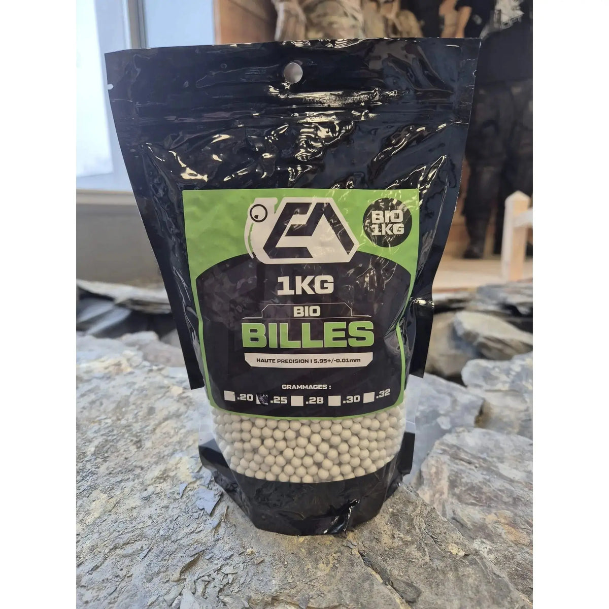 Paquet de 1kg de billes EA Essencial Airsoft Bio 0.32g, certifiées bio et testées pour un tir précis et régulier
