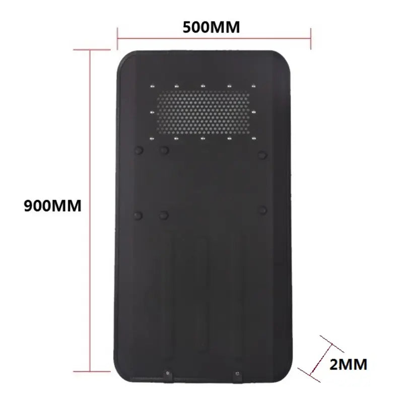Aluminium anti-riot shield 900MMX500MM with foldable handle, EVA shock-absorbing panel, rubberized edge, 147J impact resistance, 20J puncture resistance, and reinforced visor with polyc
