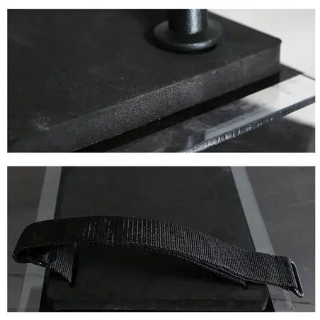 Photo fond blanc zoomée sur les attaches du bouclier anti-émeute transparent pour Airsoft 900X500mm