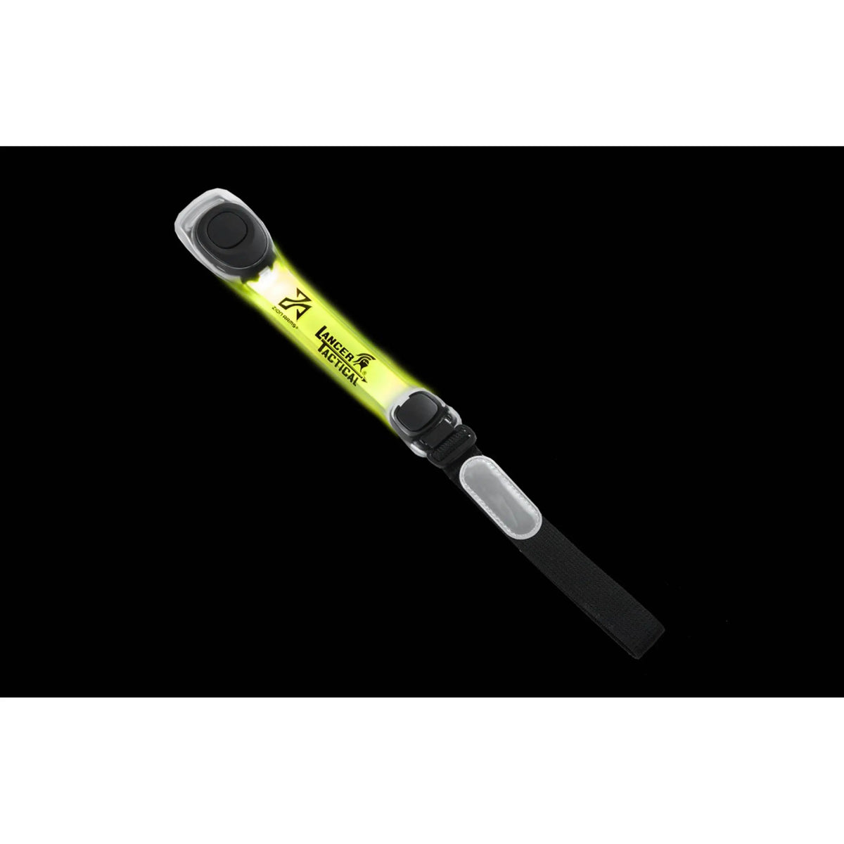 Brassard LED Lancer Tactical x Zion Arms ajustable avec 5 couleurs de lumière, construction en caoutchouc PVC flexible, bande auto-agrippante en nylon élastique, et remplacement facile de la pile