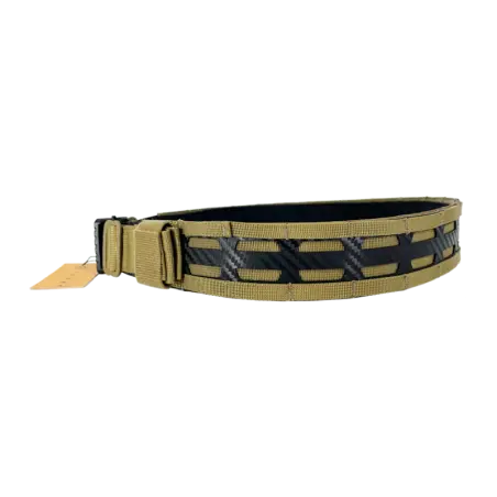 Ceinture CONQUER FL en couleur tan, avec plage de réglage large, fabrication en polymère haute résistance, ultra légère et rigide pour meilleur ancrage des pochettes, boucle QD haute rés
