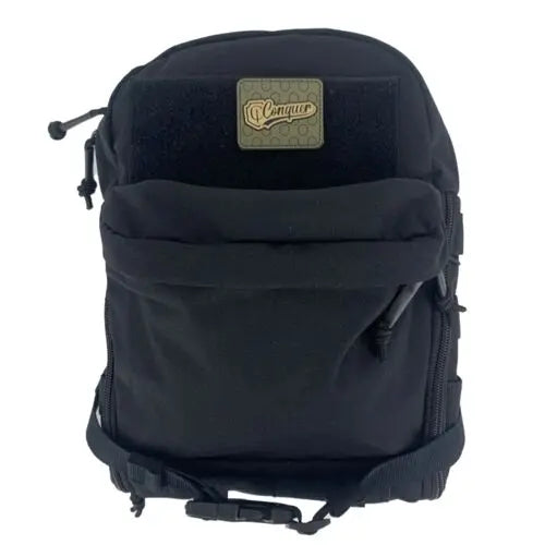 Black Conquer MOLLE Backpack made of nylon, designed for vest use with adjustable interior compartment, detachable connection ring, and Teflon waterproof coating