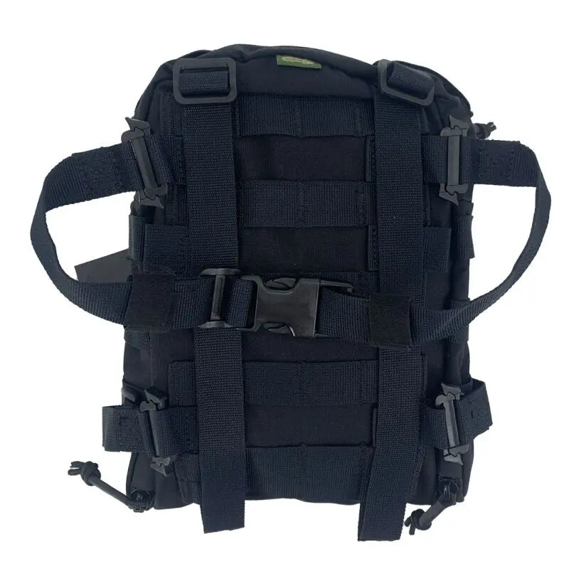 Black Conquer MOLLE backpack made of nylon, designed for vest use, featuring adjustable interior compartment, detachable connection ring, and Teflon waterproof coating