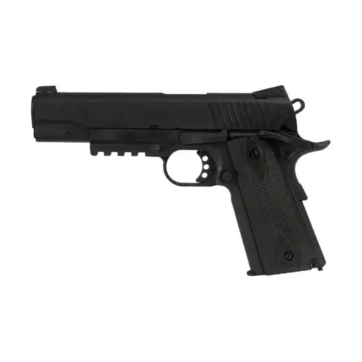 Alt tag pour Colt 1911 Noir Mat CO2, pistolet emblématique de calibre 6 millimètres avec propulsion à CO2 utilisé mondialement par les unités militaires et de police