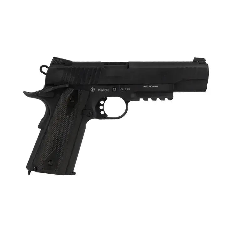 Alt=Pistolet Colt 1911 Noir Mat CO2 de calibre 6 millimètres, arme emblématique utilisée mondialement par des unités militaires et de police
