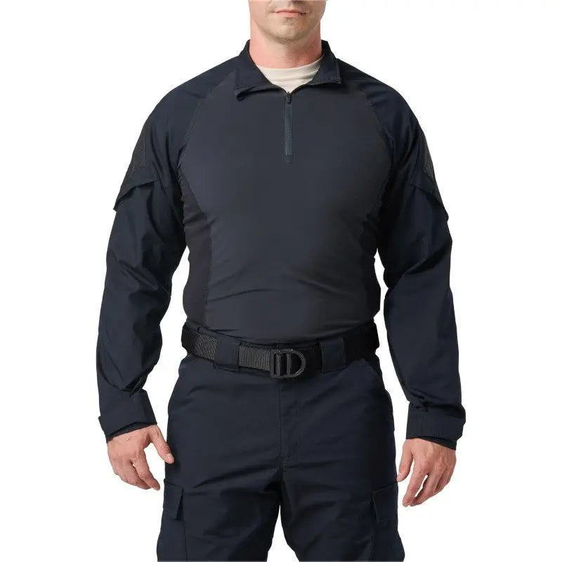 Chemise de combat Flex-Tac TDU Rapid Dark Navy 5.11 avec fermeture à glissière, tissu ripstop, poches à profil bas, coudes renforcés et coloris bleu marine