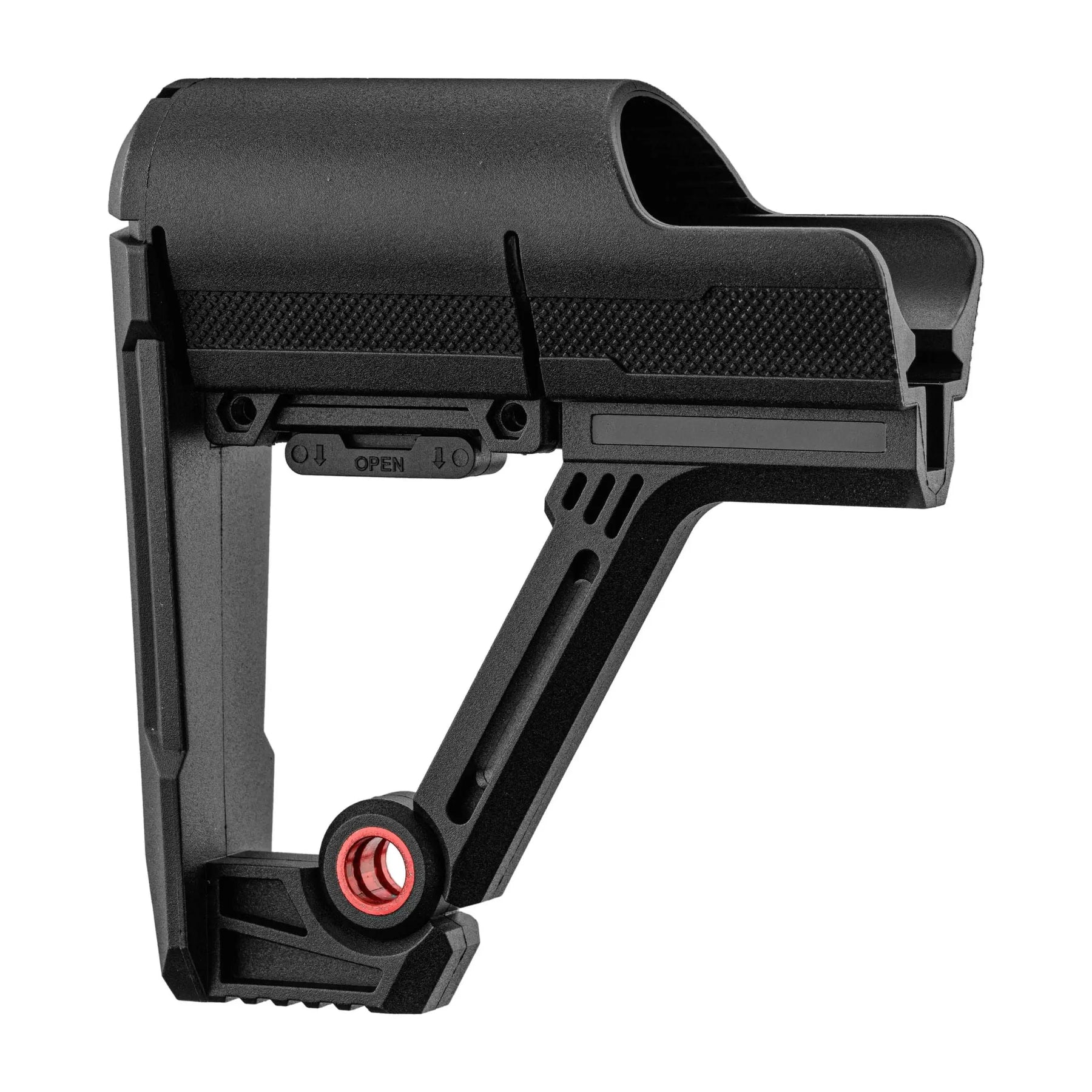 Alt text : Crosse SBR noire pour M4 AEG en polymère haute densité avec talon de crosse en caoutchouc pour confort optimal, compatible avec M4 et AR15 AEG et GBBR