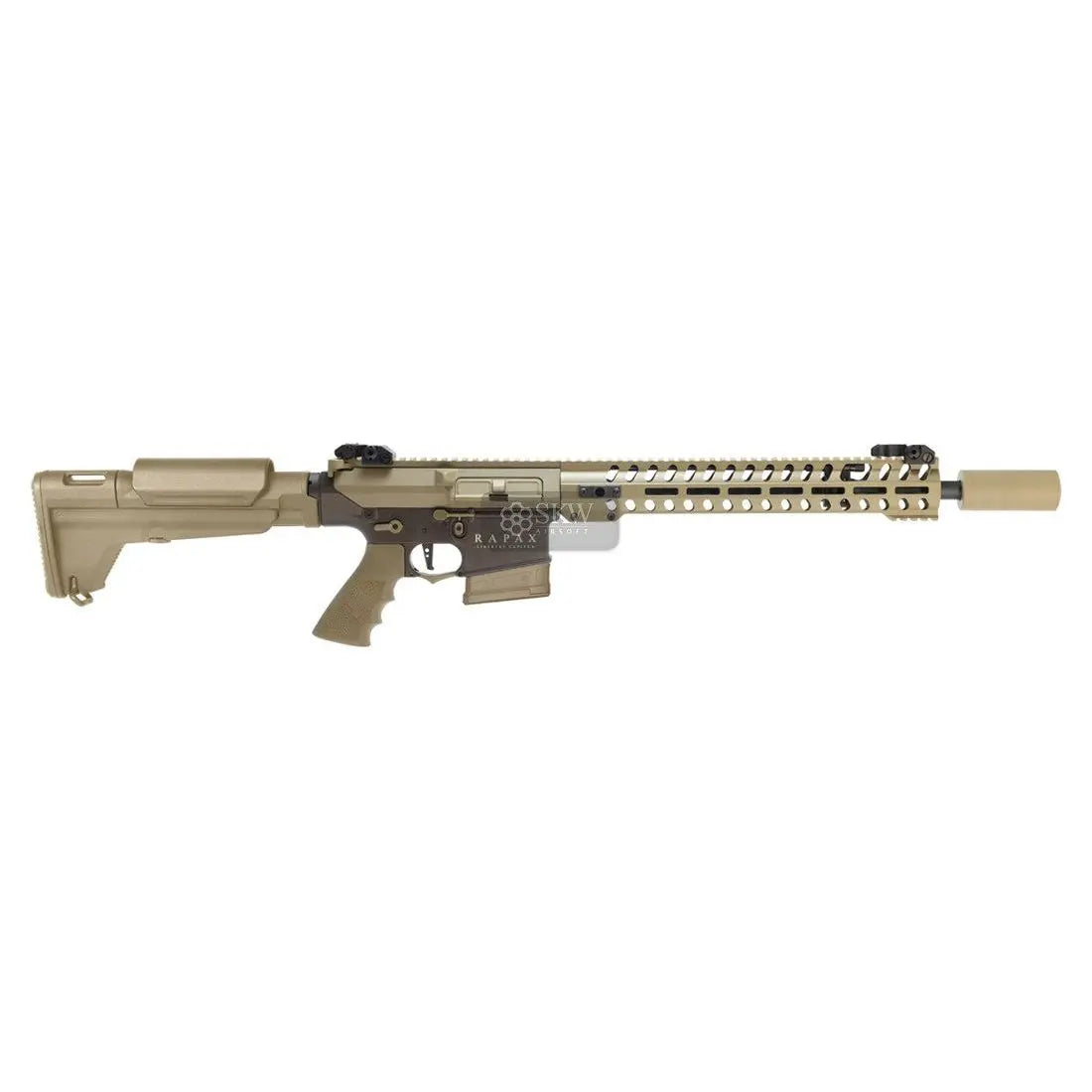 Secutor Arms DMR RAPAX XXI M.9 airsoft avec fonctionnalités avancées comme gâchette électronique programmable, changement de ressort rapide et conception de chargeur court.