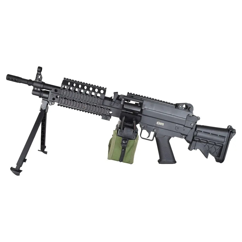 Fusil électrique M249 para de D|BOYS avec corps en polymère et métal, rails supérieurs, crosse rétractable, chargeur m4, manche en polymère, hausse arrière régl