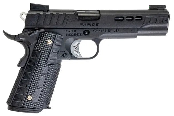 Black EMG Kimber 1911 Rapide Frost GBB metal pistol, gas-powered with semi-auto shooting mode and adjustable hop up.