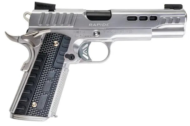 Silver EMG Kimber 1911 Rapide Frost GBB pistol made of metal with semi-auto shooting mode