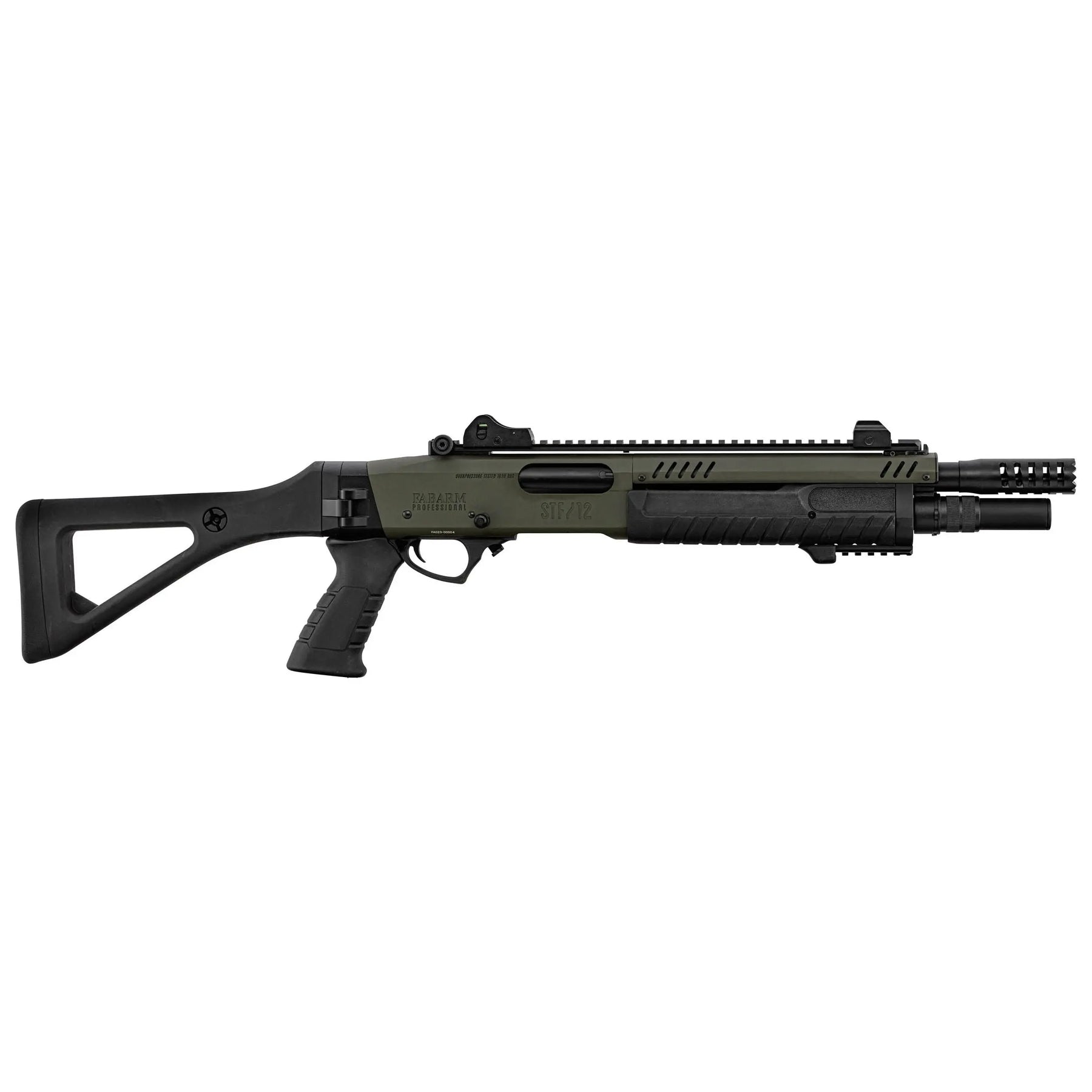 Réplique officielle du fusil à pompe FABARM STF12 Compact OD Gaz avec corps en métal, crosse rétractable et mode de tir SAFE