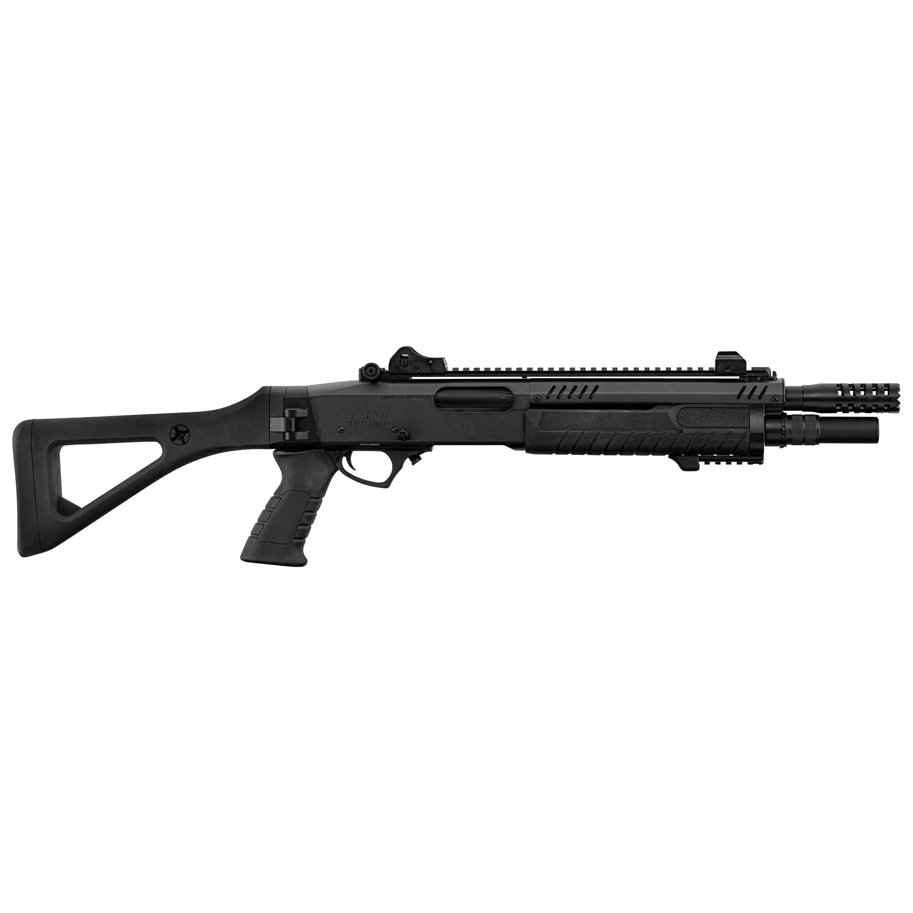 Réplique officielle du fusil à pompe FABARM STF12 Compact noir Gaz avec corps en métal, crosse rétractable et fonctionnement à gaz