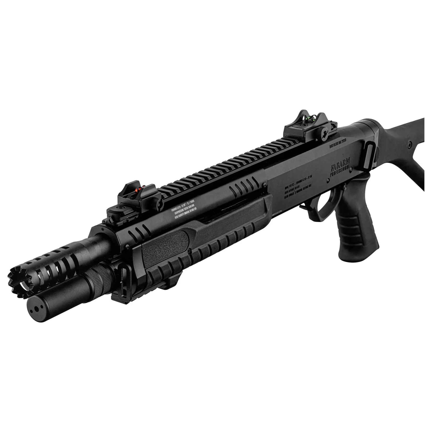 Réplique officielle du fusil à pompe FABARM STF12 Compact noir Gaz, de haute qualité et de performance avec crosse rétractable et marquages officiels.