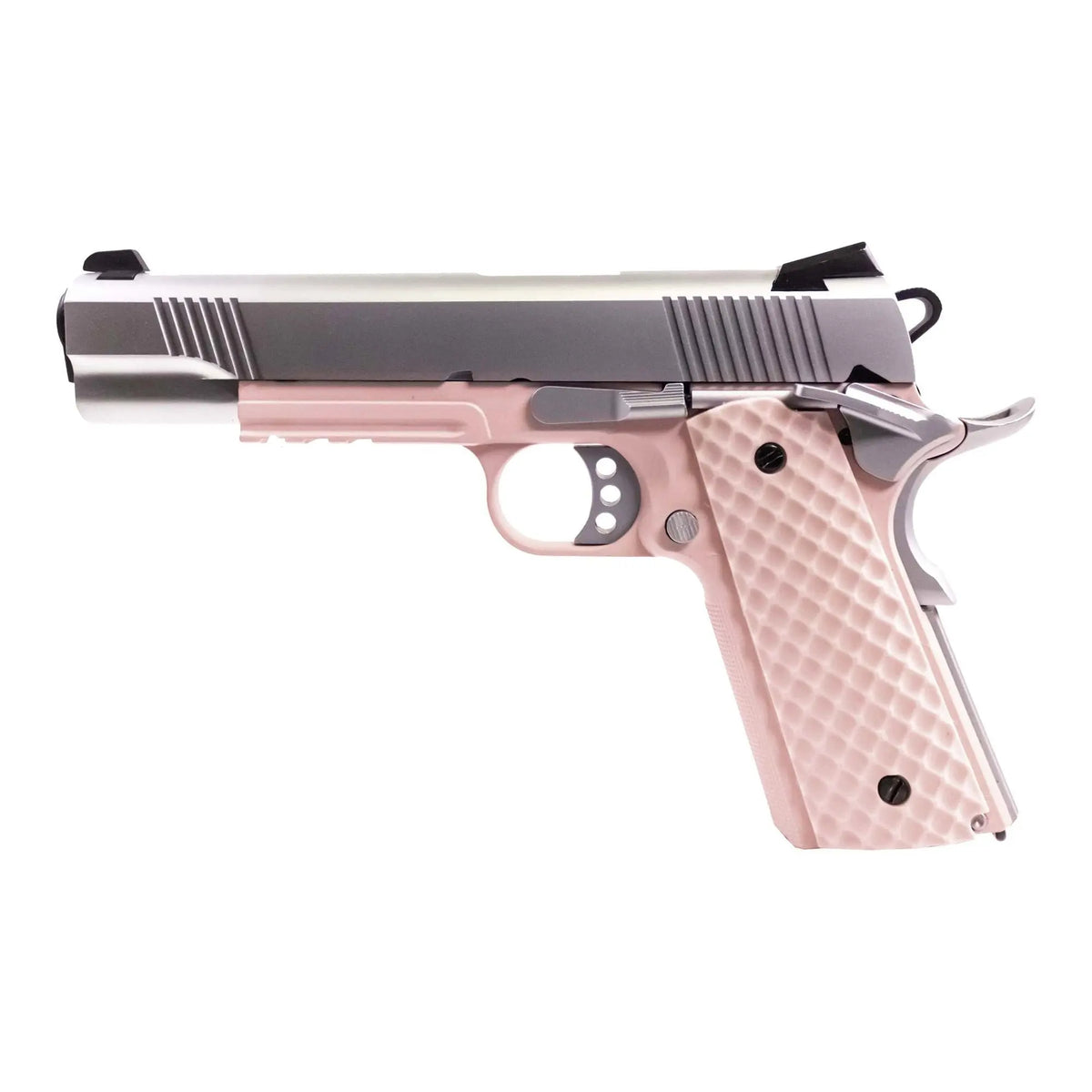 Réplique GBB 1911 MEU Railed Raven full métal gaz Rose / Silver 1,0J avec rail de montage Picatinny, compatible gaz et CO2, et grip texturé noir type MEU.