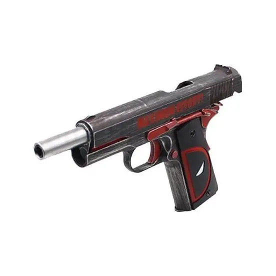 Réplique de pistolet GBB 1911 NE2201 Deadpool AW Custom avec marquages 'MAXIMUM EFFORT' et 'Front toward bad guys', aspect vieilli, composants métalliques renforcés et em