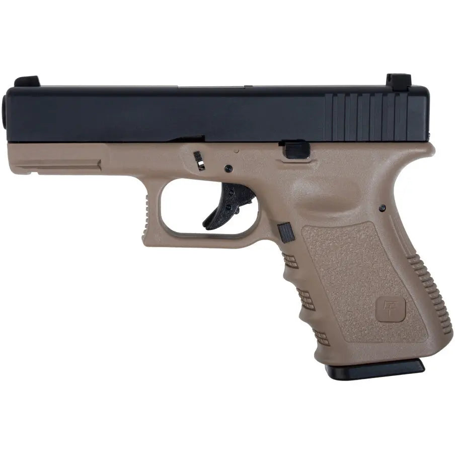 GBB Saigo Mk4 TYPE Glock23 Gaz Tan avec système Blow Back et Hop Up, longueur 188mm, poids 800g, matière ABS metal, FPS 280-300, chargeur 20 rds.