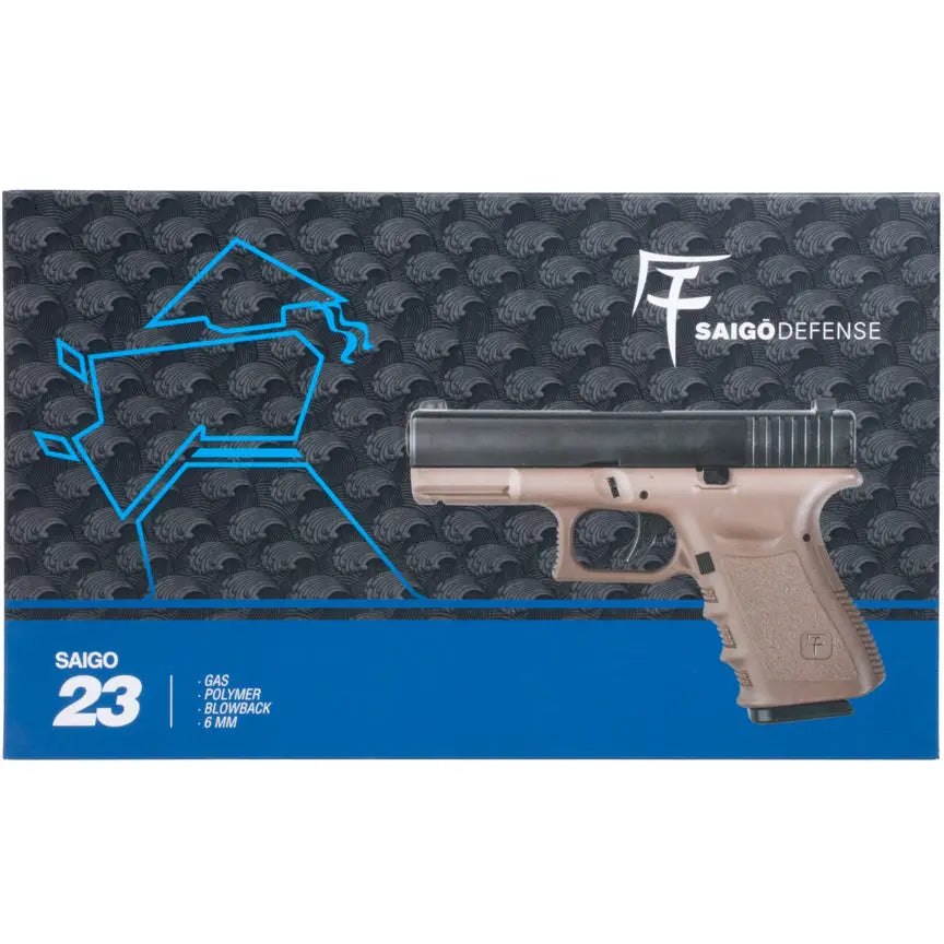 GBB Saigo Mk4 TYPE Glock23 Gaz Tan airsoft gun in Noir/Tan color with blow back and hop up