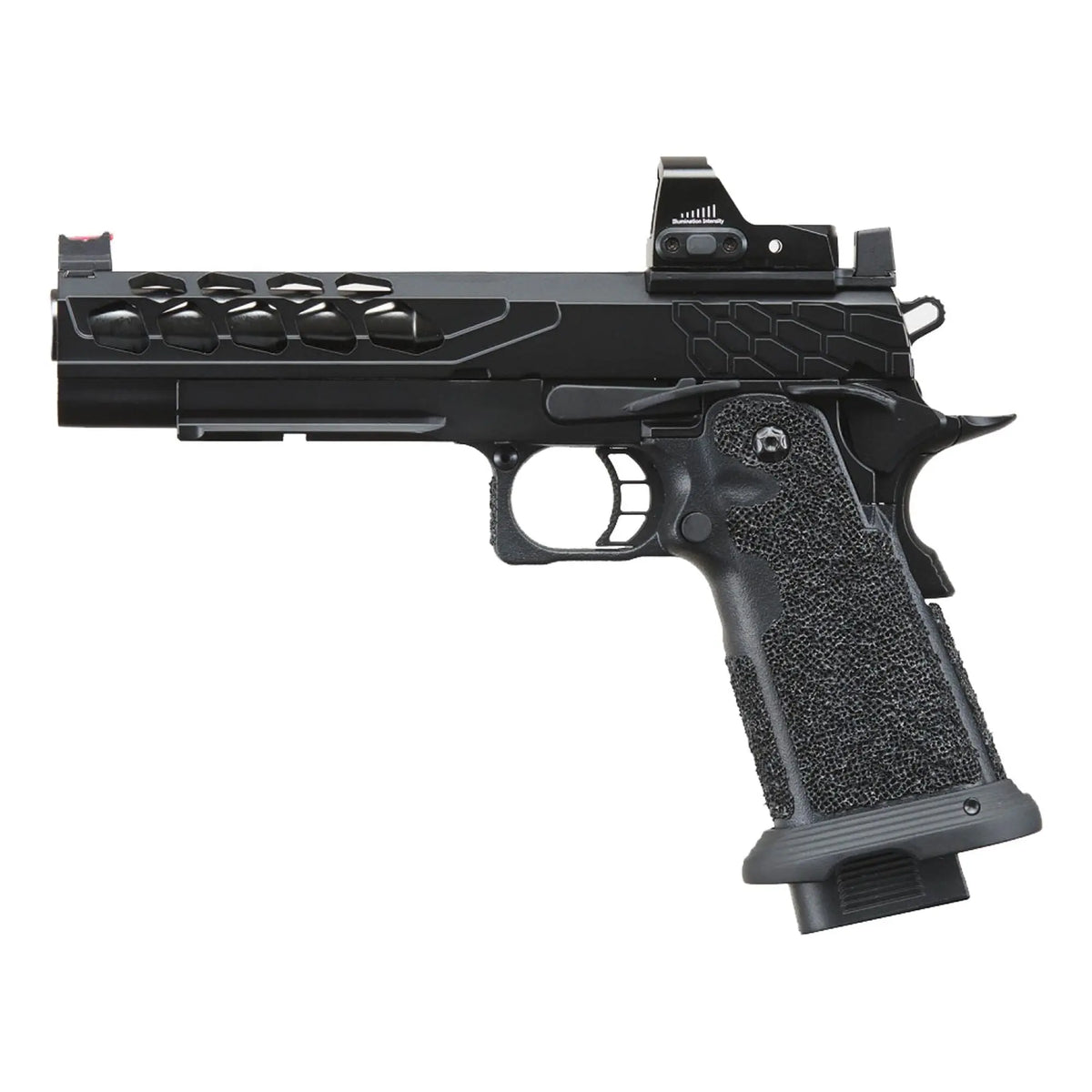 GBB Stryk Hi-Capa 5.1 Noir avec RMR, glissière en aluminium, frame en polymère, compatible avec pièces Tokyo Marui, découpes hexagonales, blowback réaliste, m