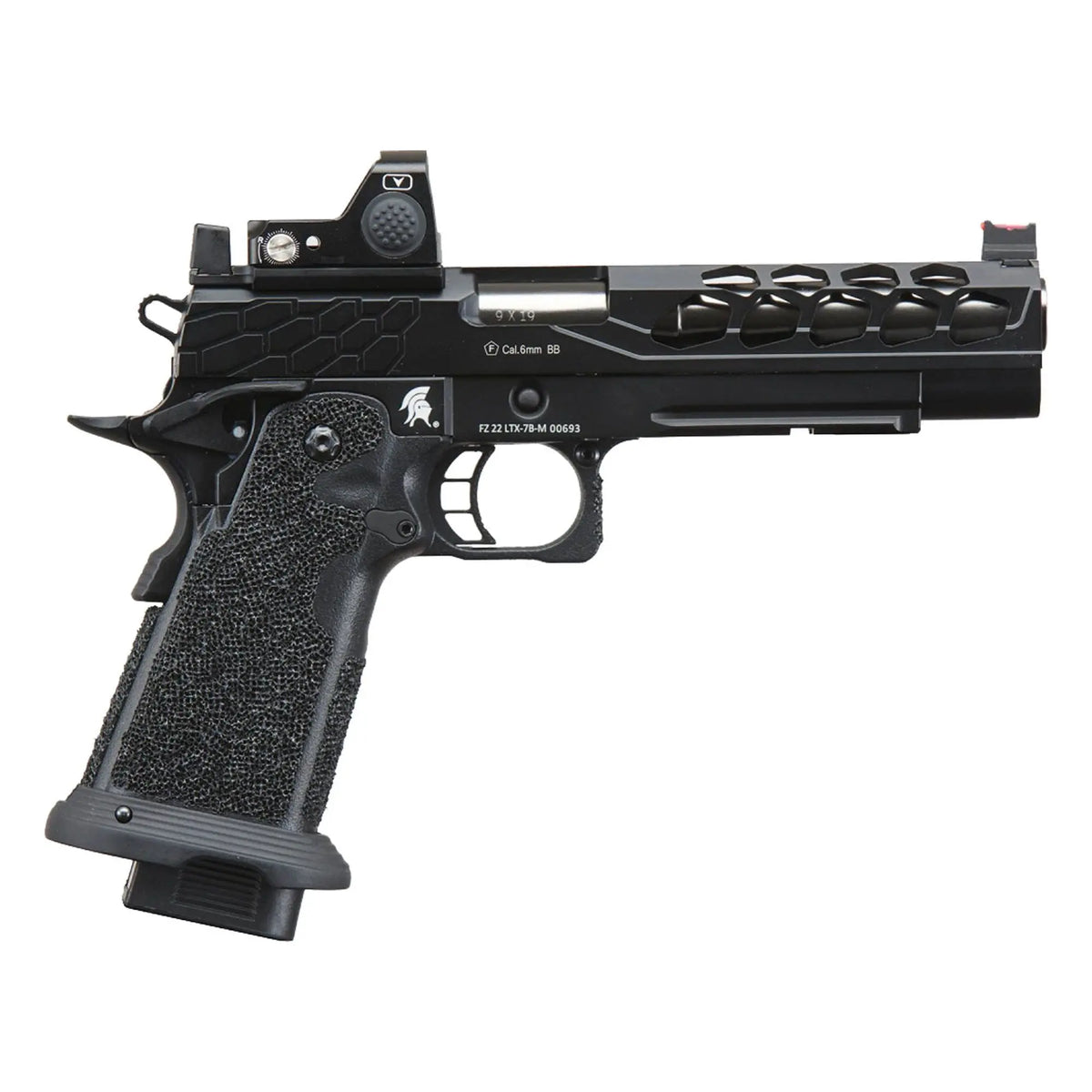 GBB Stryk Hi-Capa 5.1 Noir avec RMR, glissière en aluminium, frame en polymère, compatible avec pièces Tokyo Marui, découpes hexagonales, blowback réaliste, m