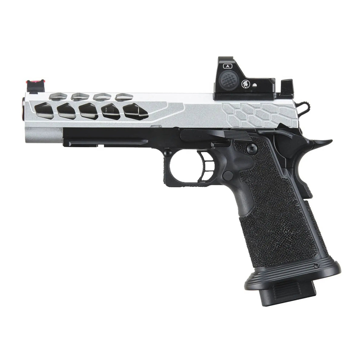 GBB Stryk Hi-Capa 5.1 Silver Lancer Tactical avec RMR, glissière légère en aluminium, frame robuste en polymère, compatible avec pièces Tokyo Marui, découpes hexagonales