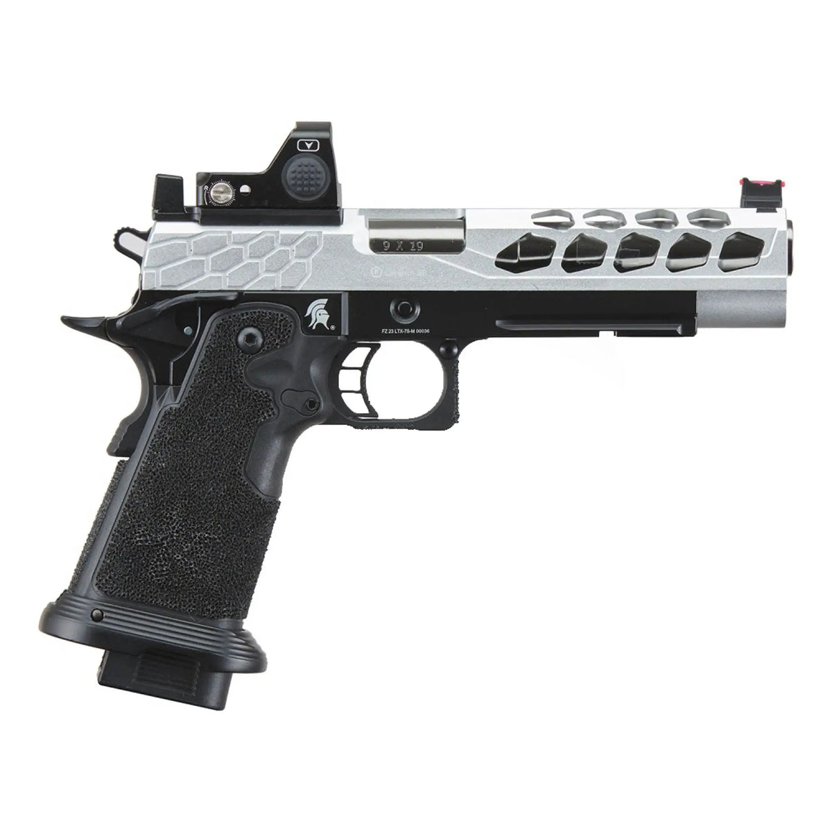 GBB Stryk Hi-Capa 5.1 Silver Lancer Tactical avec RMR, glissière légère en aluminium, frame avec stippling en polymère, compatible Tokyo Marui, découpes hexagonales, action