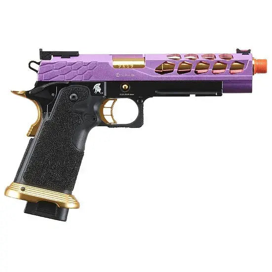 Pistolet airsoft GBB Stryk Hi-Capa 5.1 violet et or de Lancer Tactical avec accessoires RMR, glissière ajourée en aluminium, frame en polymère, compatible avec pièces Tokyo