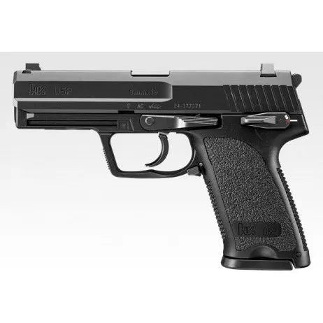 GBB USP Full Size Tokyo Marui Gaz airsoft gun with semi-automatic mode, 0.73 joules energy, 280 FPS velocity, adjustable Hop-up system, and tactical rail.