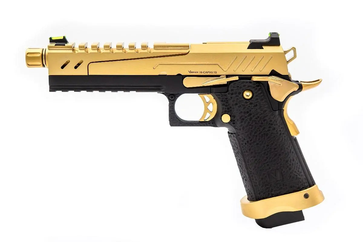 GBB gaz Hi-Capa 5.1 SPLIT Gold / Noir 1,0J, une réplique de pistolet avec culasse en métal, grip texturé, visée fibre optique et chargeur