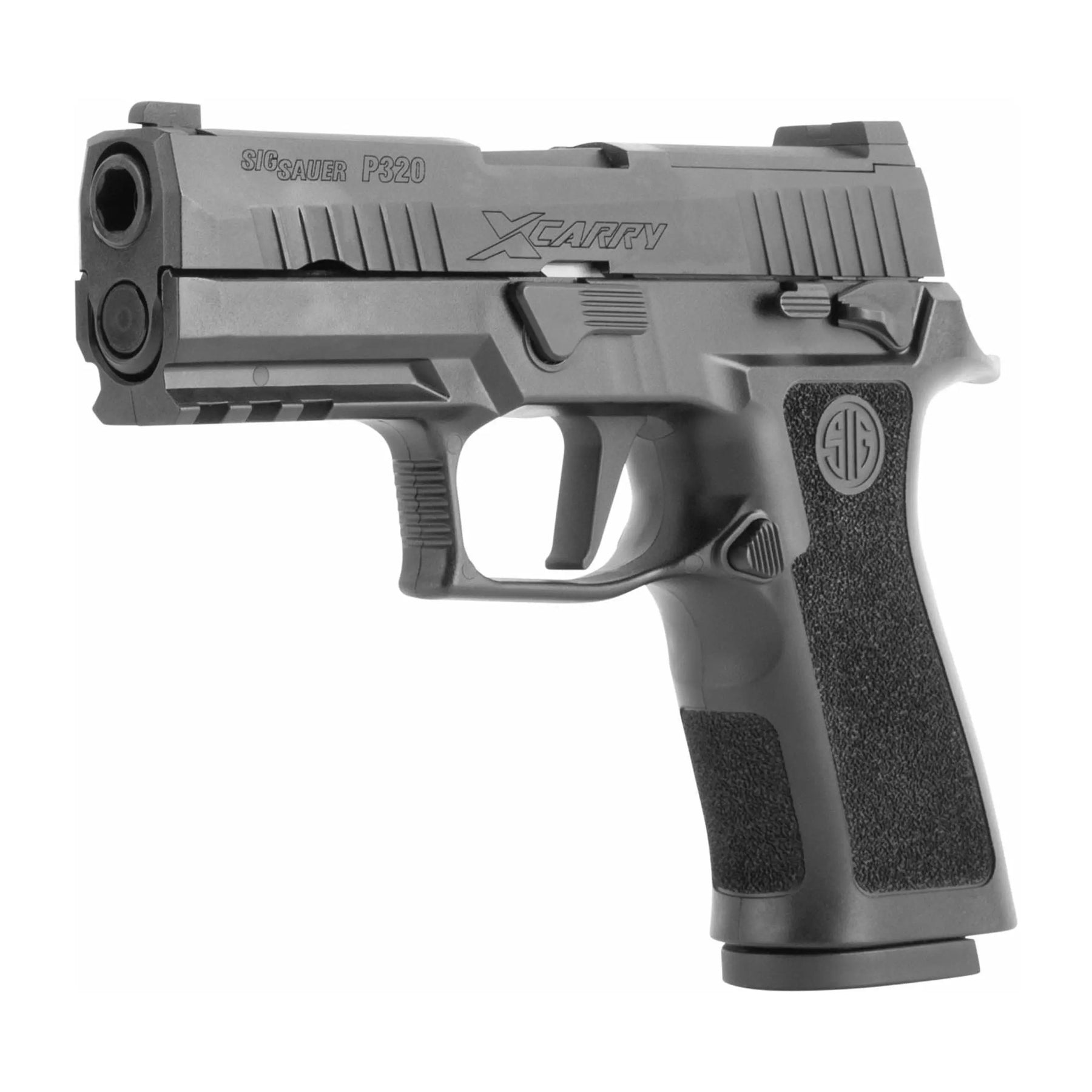 Réplique airsoft P320 X Carry SIG SAUER noire fonctionnant au gaz avec culasse blow-back full métal et chargeur de 21 coups