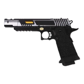 GBB hi-capa 5.1 Noir/Silver Golden Eagle pistolet avec culasse unique, conception métal et polymère, fonctionnement Gaz Blowback, et canon doré externe.