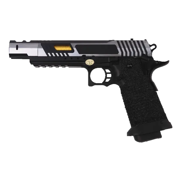 GBB hi-capa 5.1 Noir/Silver Golden Eagle pistolet avec culasse unique, conception métal et polymère, fonctionnement Gaz Blowback, et canon doré externe.