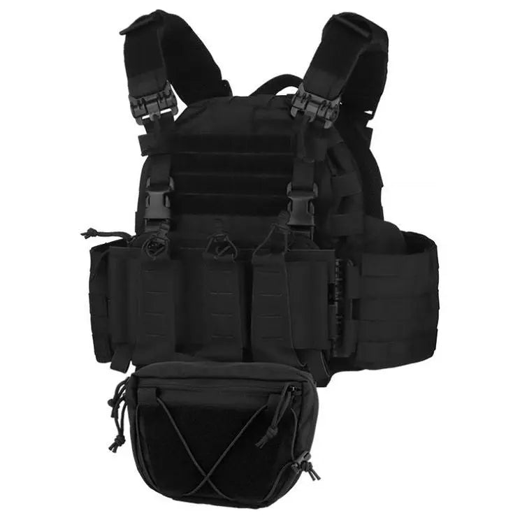 Gilet tactique Arc System noir, résistant, ajustable et personnalisable avec poches et plaques de support