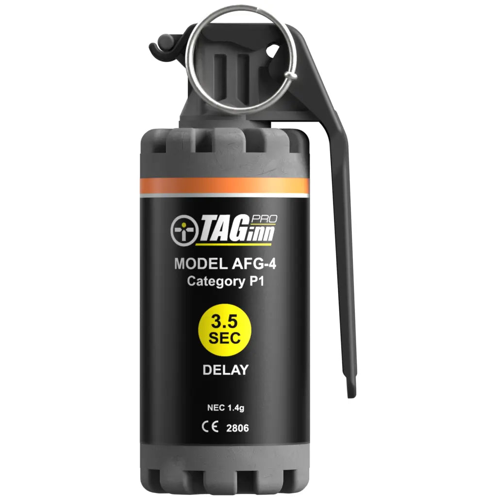 AFG-6, une grenade Taginn réaliste et sécurisée, remplie de pois secs avec un corps en carton et en polyuréthane expansé, détonant 3,5 à 4 secondes après