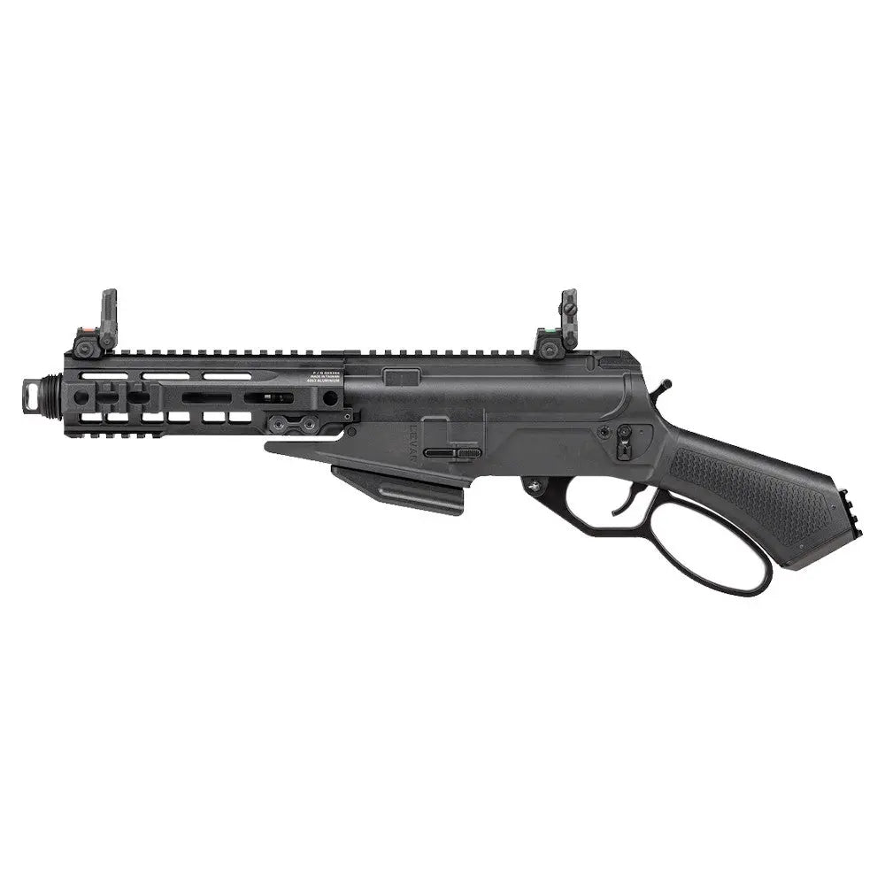 Carabine à gaz G&G Levar 7 noire avec poignée pistolet renforcée, compatible avec magazines M4 AEG, rail standard de 20mm et unité Hop Up rotative régl