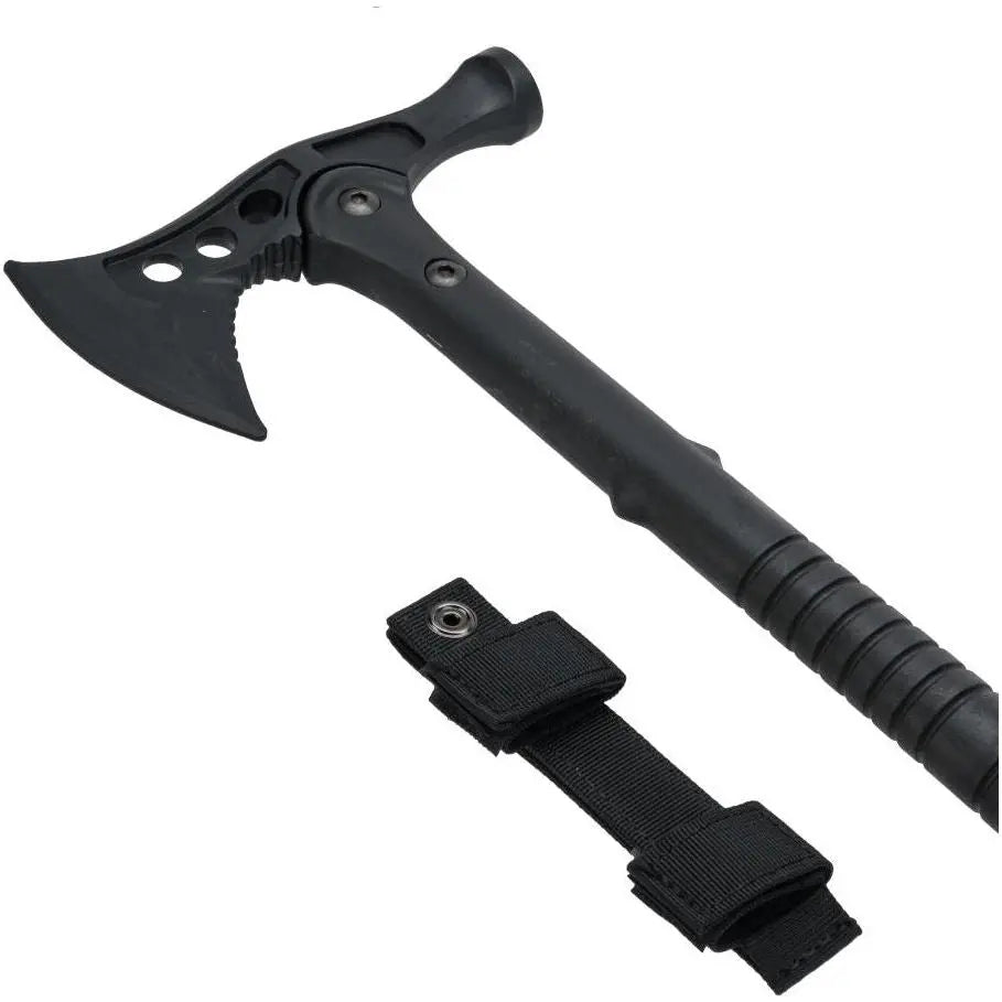 Accessoire de jeu hache factice noire en ABS et polymères renforcés, avec fourreau en Nylon 1000D