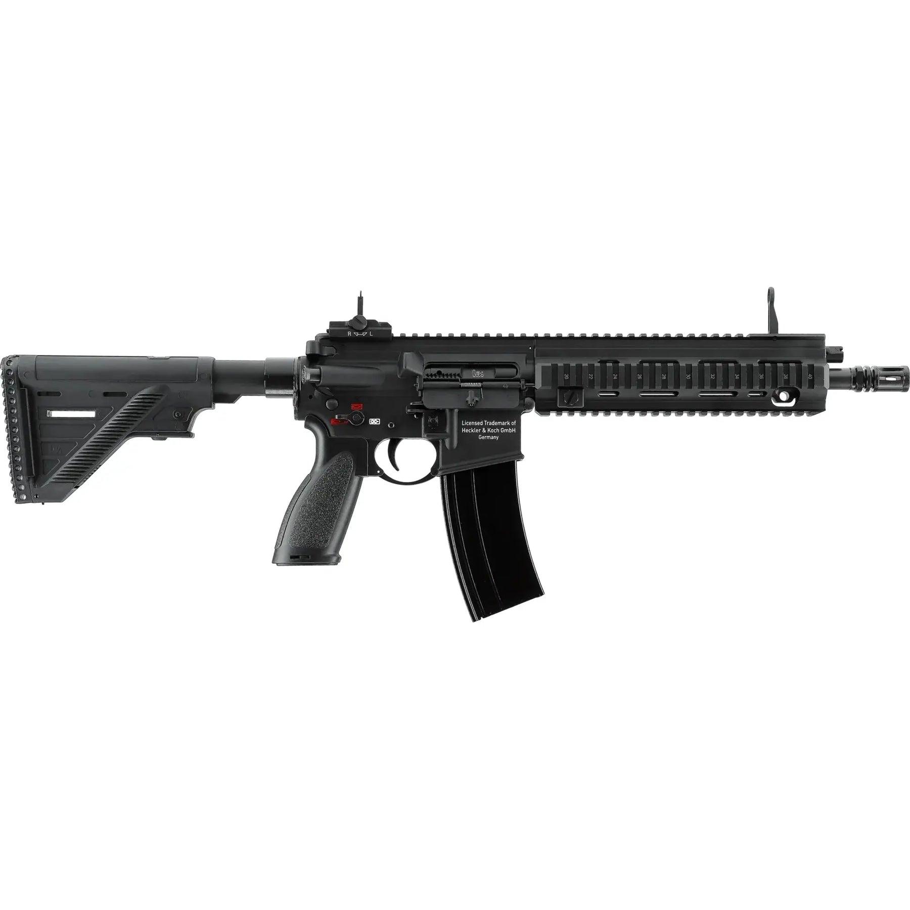 Réplique HK416 A5 GBBR noire en métal avec système blowback, optimisée pour la fiabilité et le confort d'utilisation, caractéristiques améliorées et marquage sous licence