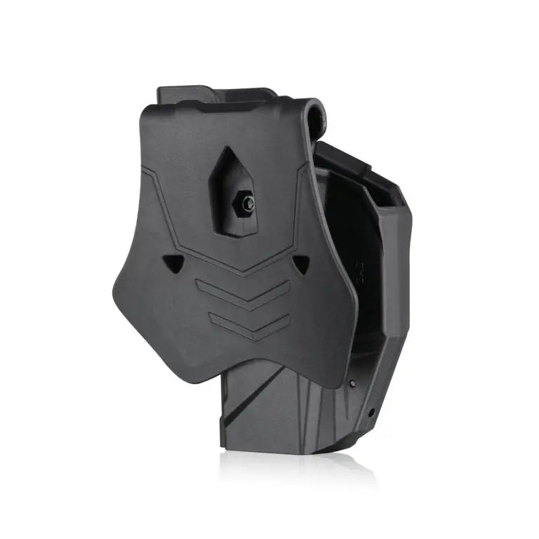 Alt tag: Holster Ammomax universel pour Glock avec optique, fait en ABS renforcé, réglable à 360 degrés pour droitier