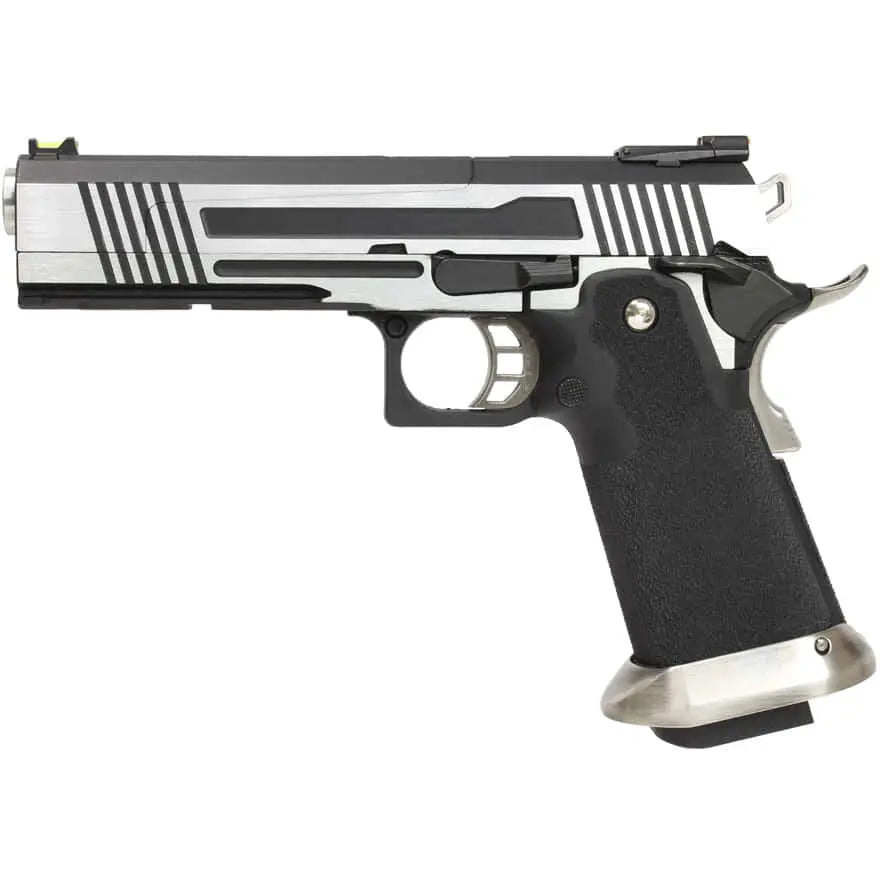 Réplique de pistolet HX1001 split silver gaz GBB avec culasse en split, compatible gaz et CO2, et performantes capacités de recul.